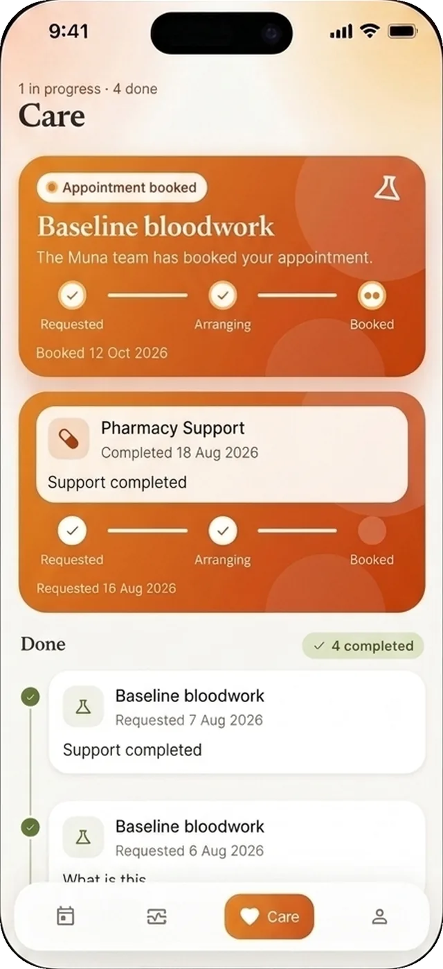 The Care tab: baseline bloodwork booked, tracked from request to appointment.